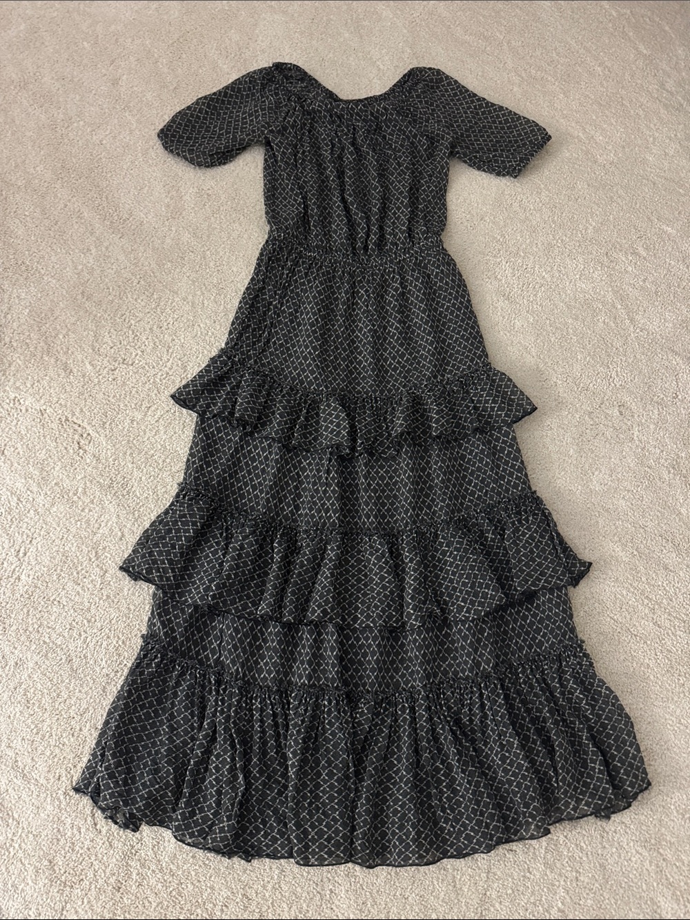Isabel Marant Gray & White Geometric Tiered Maxi Silk Dress Sz 36